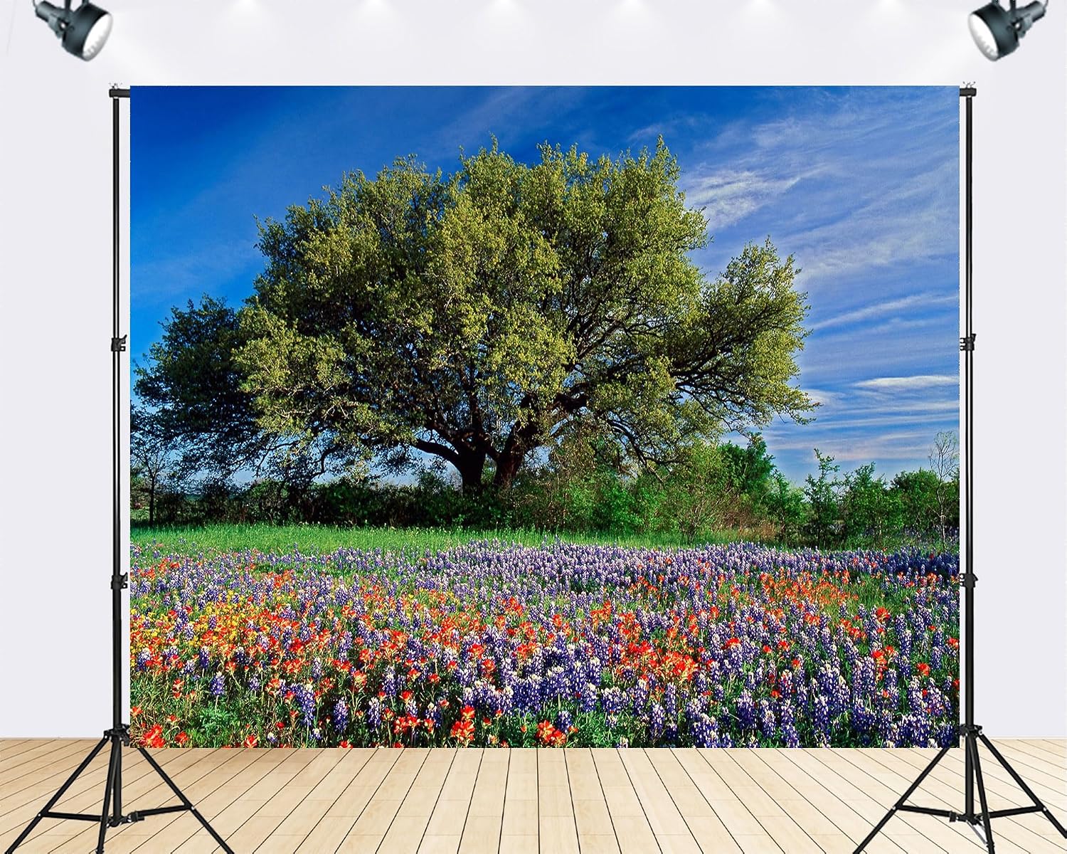 Trykid 20x10ft Texas Wildflower Field Backdrop Large Oak Tree Bluebonnets Indian Paintbrush Clear Blue Sky Photography Background Country Festival Party Decoration Photo Booth Prop Fabric