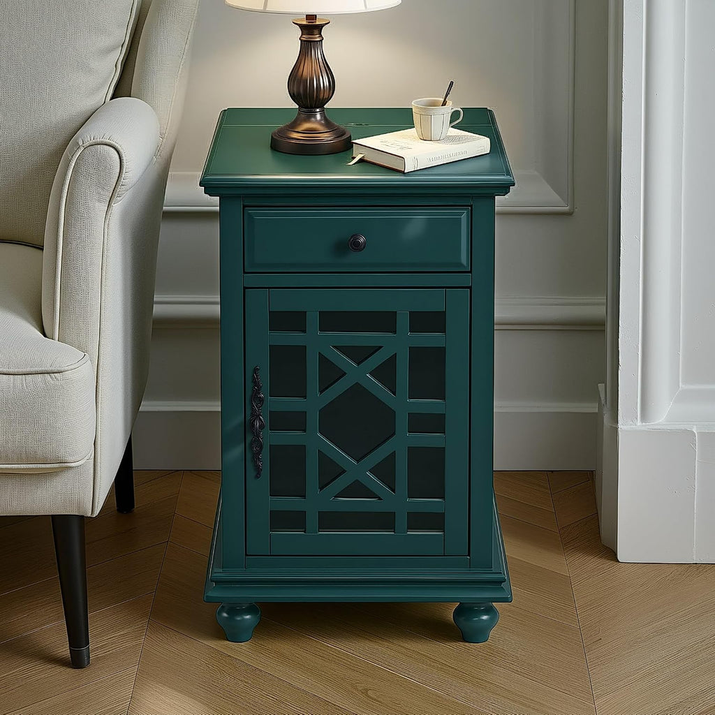 Martin Svensson Home Elegant Chairside End Table with Power — 24″W x 16″D x 25″H, Seamoss Green — Transitional Painted Accent Table with Flip-Top USB Charging, Drawer & Cabinet Storage