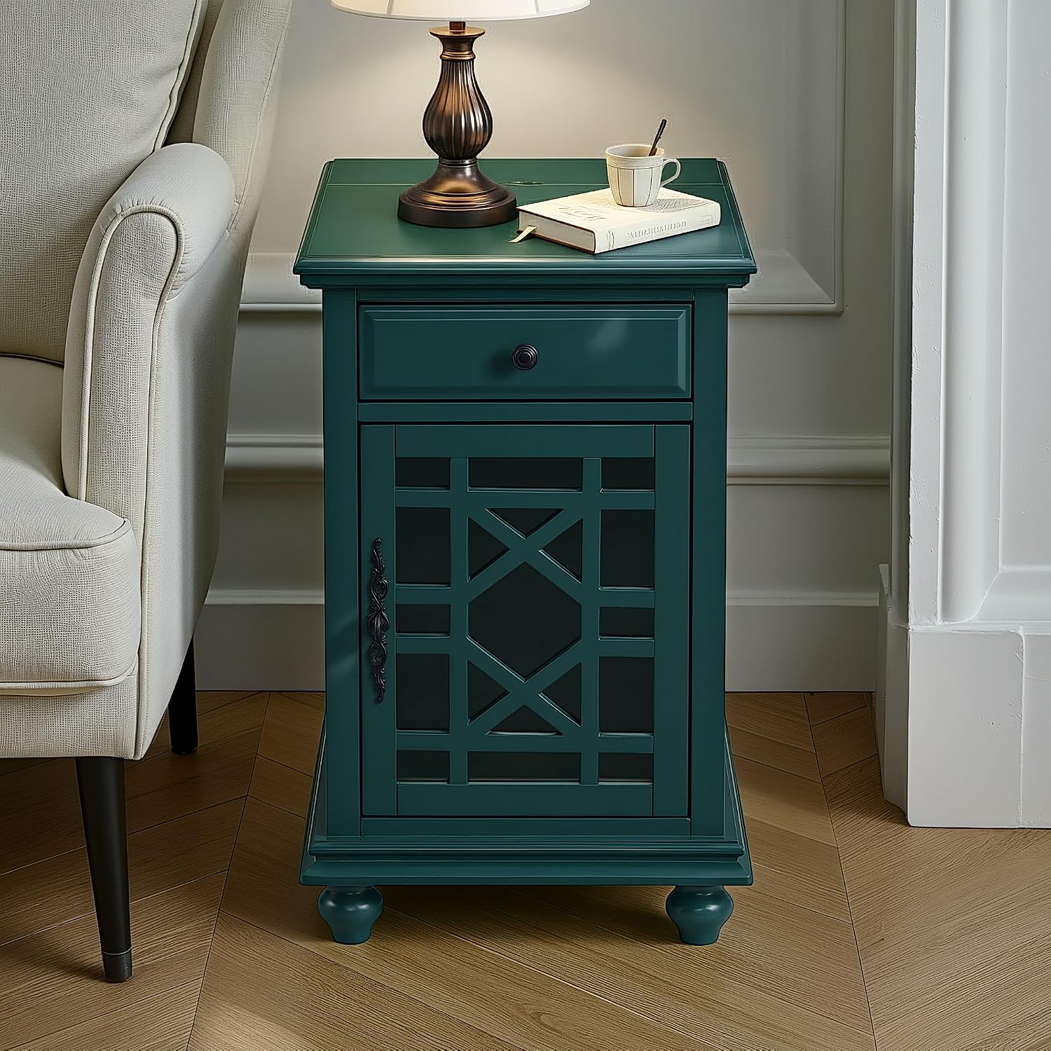 Martin Svensson Home Elegant Chairside End Table with Power — 24″W x 16″D x 25″H, Seamoss Green — Transitional Painted Accent Table with Flip-Top USB Charging, Drawer & Cabinet Storage