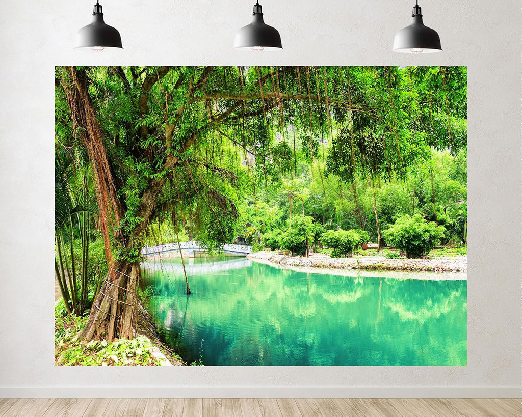 Trykid 20x10ft Lush Tropical River Backdrop White Stone Bridge Dense Greenery Clear Turquoise Water Photography Background Zen Garden Spa Retreat Party Decoration Photo Booth Prop Fabric