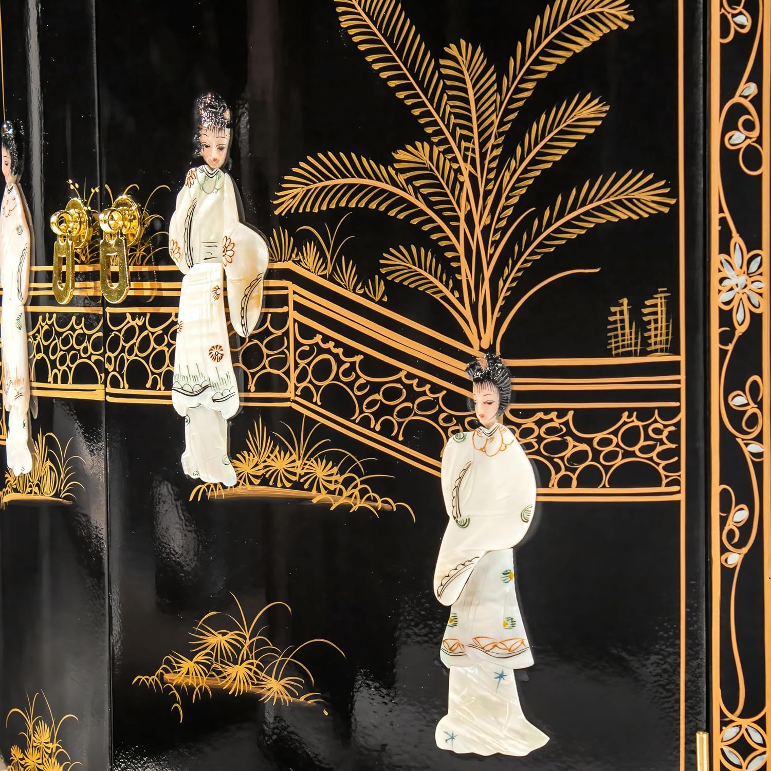 Red Lantern Artisan Crafted Lacquer Storage Cabinet - Black with Mother of Pearl Courtyard Scene