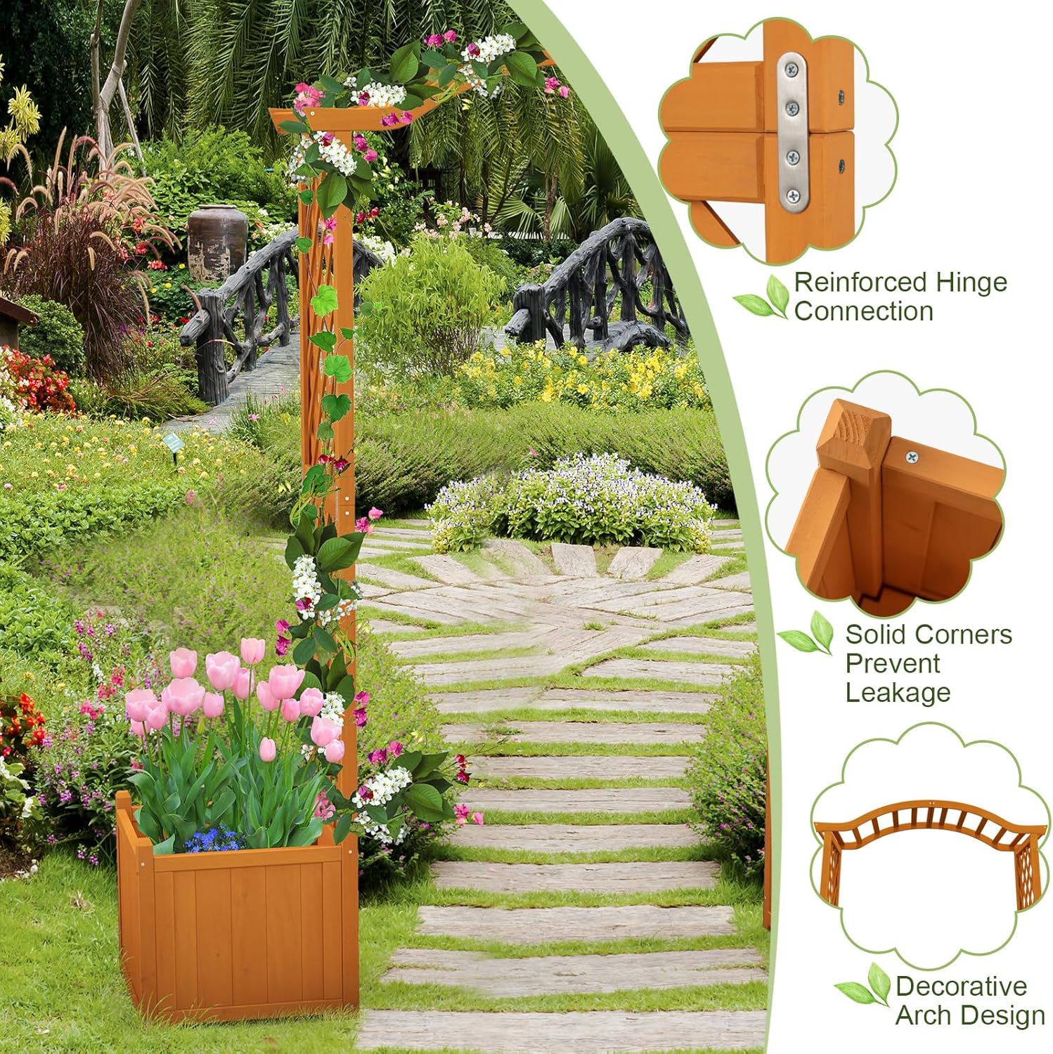 Moccha Wooden Garden Arbor with Planter - Outdoor Arbor Trellis for Climbing Plants, Roses, Vines, Outside Pergola Planter, Garden Arch for Lawn Backyard Wedding Ceremony Bridal Party (Natural)