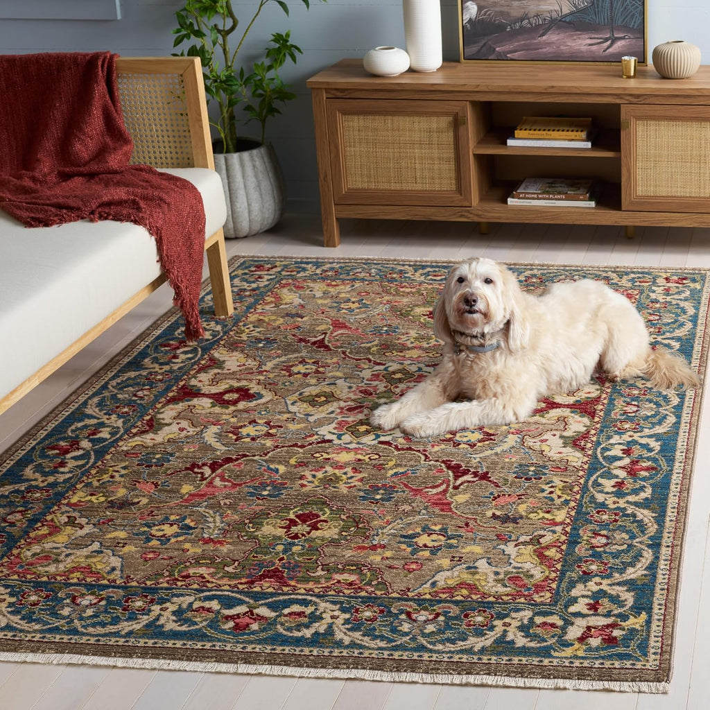 SAFAVIEH Kashan Collection Area Rug - 5'1' x 7'5', Taupe & Blue, Traditional Oriental Design, Non-Shedding & Easy Care, Ideal for High Traffic Areas in Living Room, Bedroom (KSN307E)