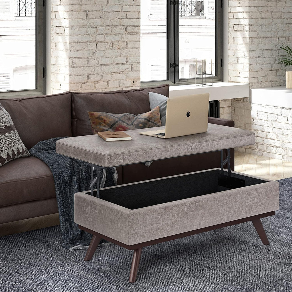SIMPLIHOME Owen Lift Top Coffee Table Storage Ottoman - 42 inch Wide Upholstered Vegan Leather Rectangular Lift-Top Ottoman in Distressed Grey Taupe, Mid-Century Modern Ottoman for Living Room