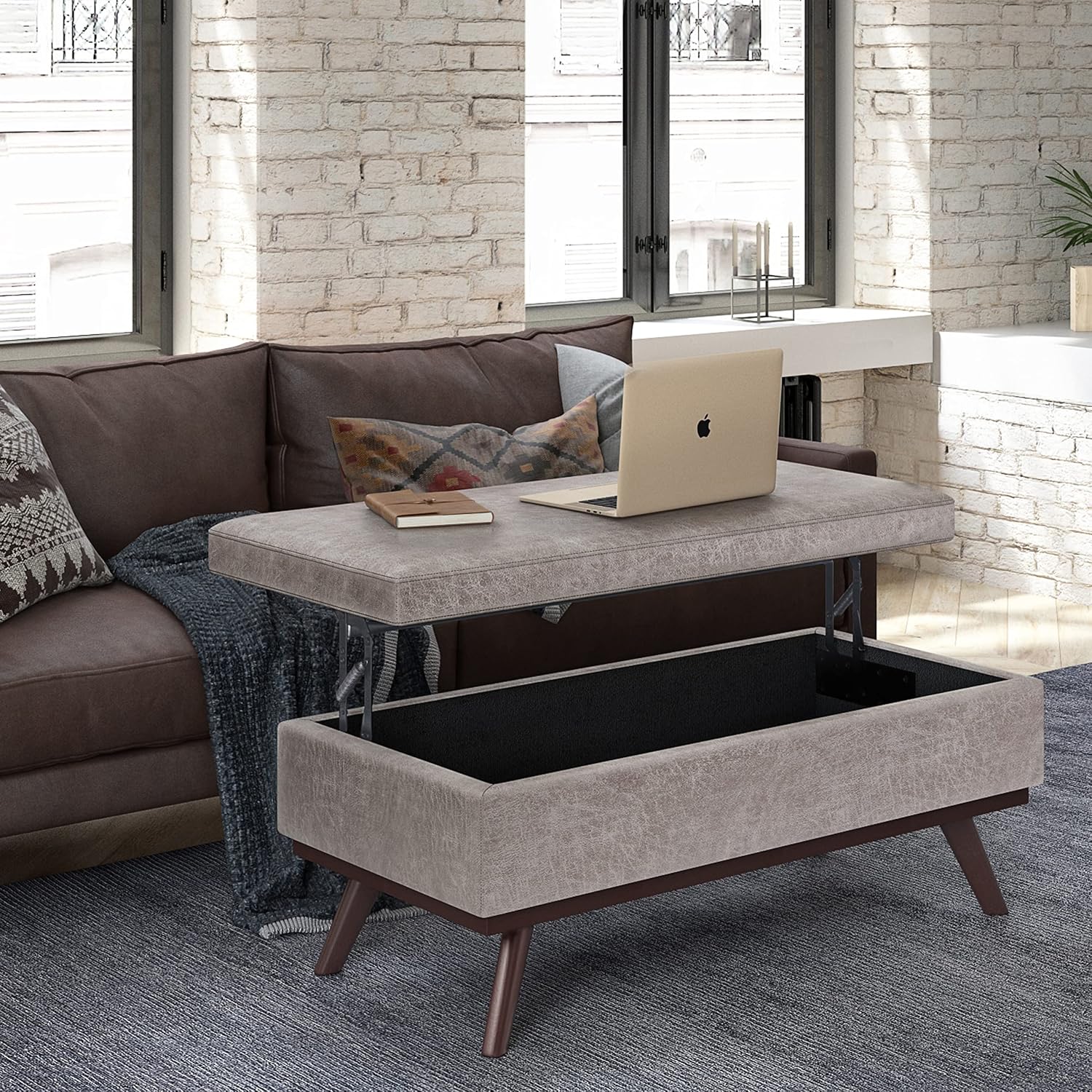 SIMPLIHOME Owen Lift Top Coffee Table Storage Ottoman - 42 inch Wide Upholstered Vegan Leather Rectangular Lift-Top Ottoman in Distressed Grey Taupe, Mid-Century Modern Ottoman for Living Room