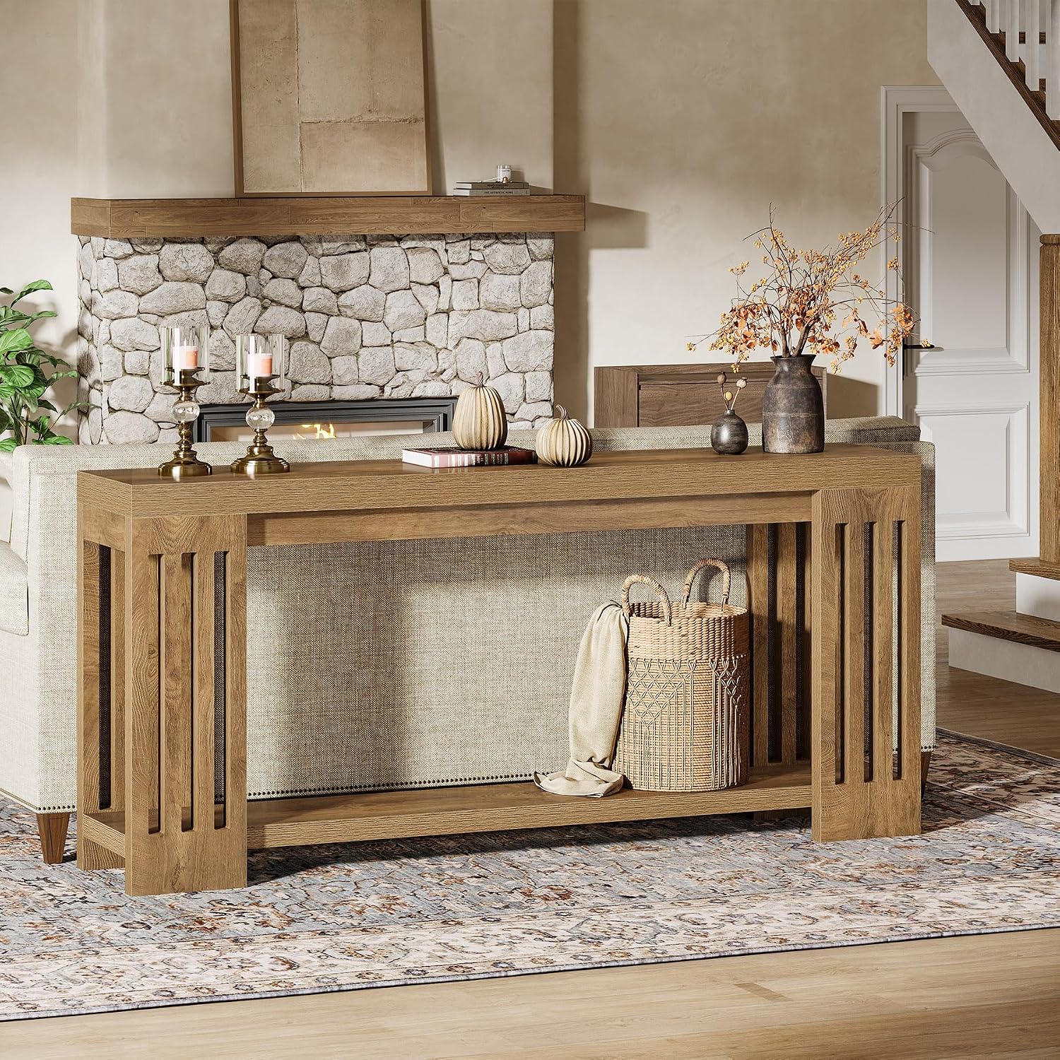 Tribesigns 70.9-Inch Extra Long Entryway Table, Farmhouse Sofa Console Table with Vertical Stripe Legs, 2-Tier Entry Furniture for Living Room, Hallway, Entrance (Light Brown)