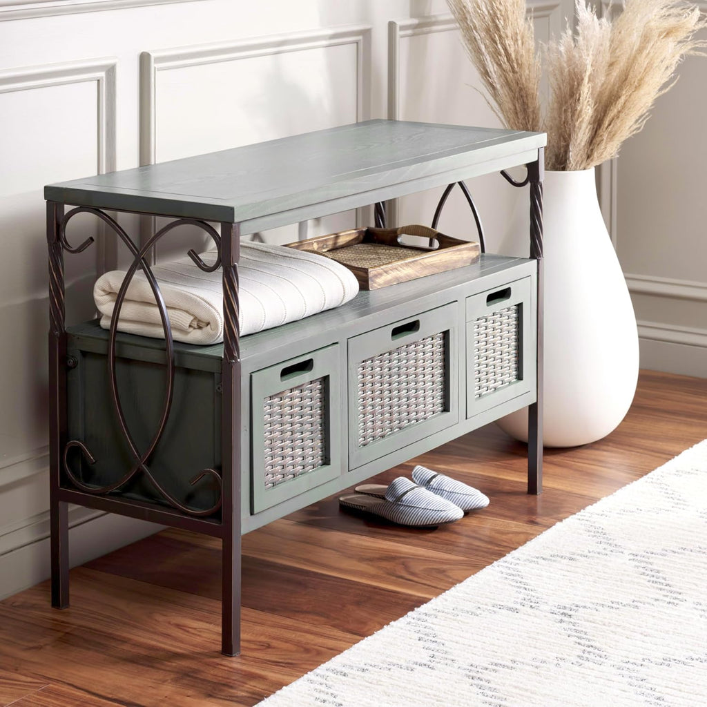 SAFAVIEH Home Collection – Joshua Ash Grey 3-Drawer Console Table with Shelf, Wicker Front Storage Drawers, Farmhouse-Inspired Accent Console for Entryway or Living Room (AMH6532B)