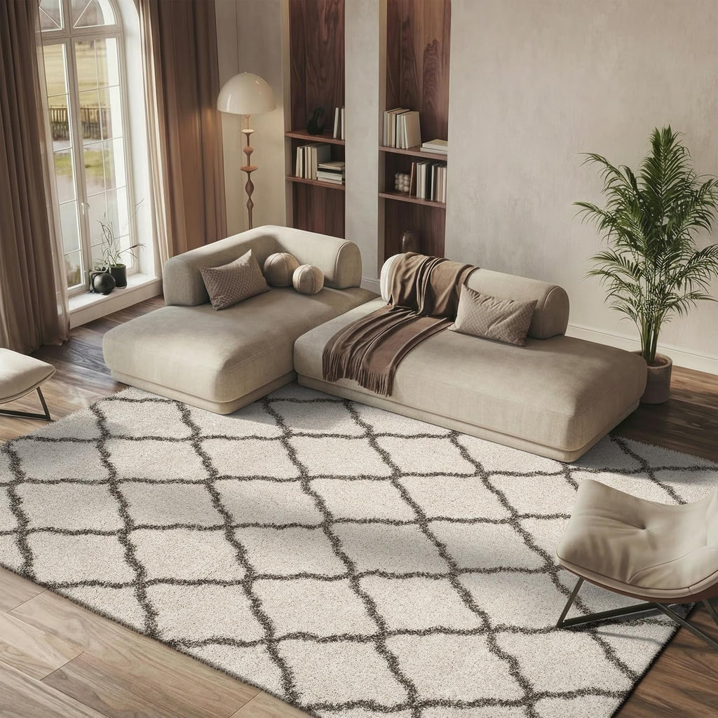 SAFAVIEH Hudson Shag Collection Area Rug - 5'3' x 7'6', Ivory & Grey, Moroccan Trellis Design, Non-Shedding & Easy Care, 2-inch Thick Ideal for High Traffic Areas in Living Room, Bedroom (SGH283A)