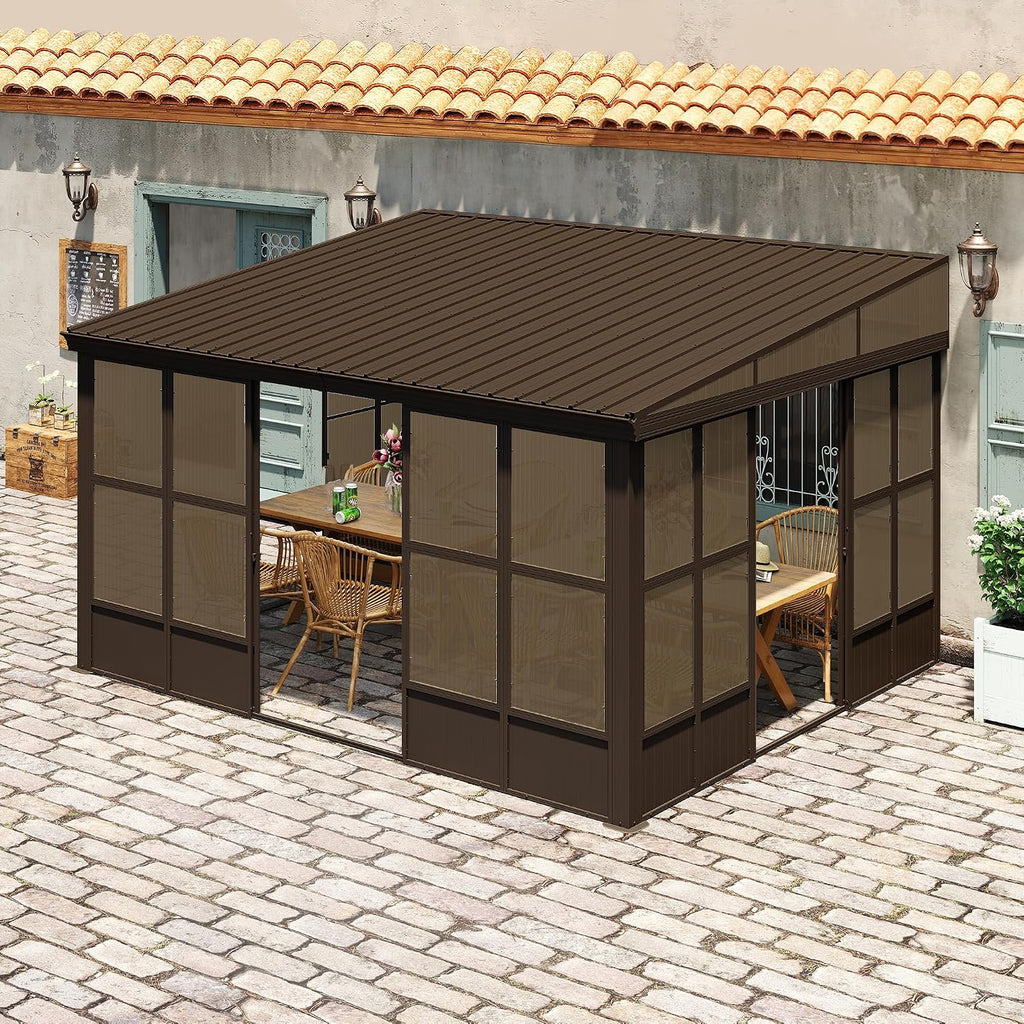 Domi 12x14FT Sunroom, Wall Mounted Sunroom Kit with Galvanized Steel Sloping Roof, Outdoor Sunroom Gazebo with Detachable PC Screen, 3 Sliding Double Doors, Lean to Sun Room for Patio, Deck