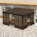 Domi 12x14FT Sunroom, Wall Mounted Sunroom Kit with Galvanized Steel Sloping Roof, Outdoor Sunroom Gazebo with Detachable PC Screen, 3 Sliding Double Doors, Lean to Sun Room for Patio, Deck
