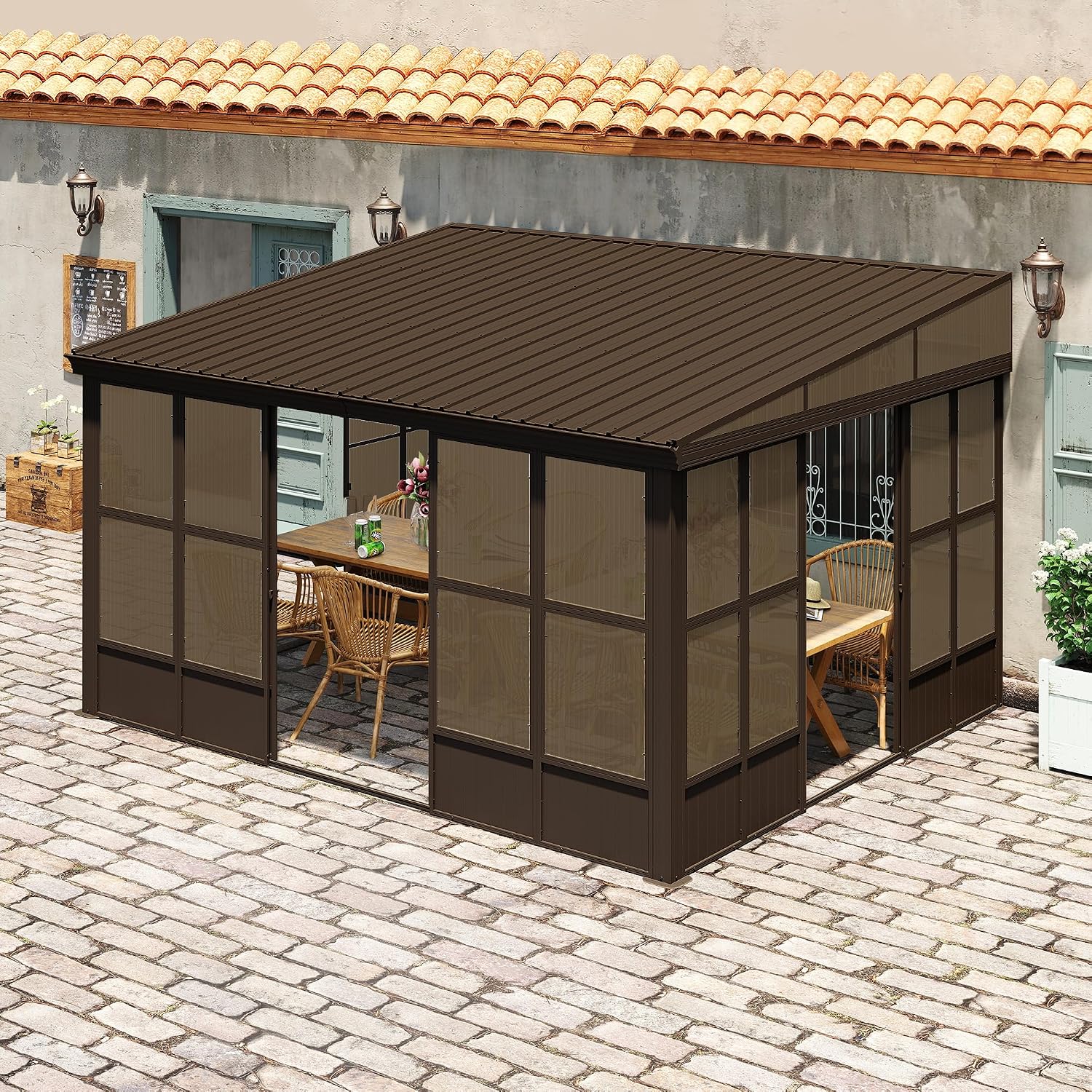 Domi 12x14FT Sunroom, Wall Mounted Sunroom Kit with Galvanized Steel Sloping Roof, Outdoor Sunroom Gazebo with Detachable PC Screen, 3 Sliding Double Doors, Lean to Sun Room for Patio, Deck