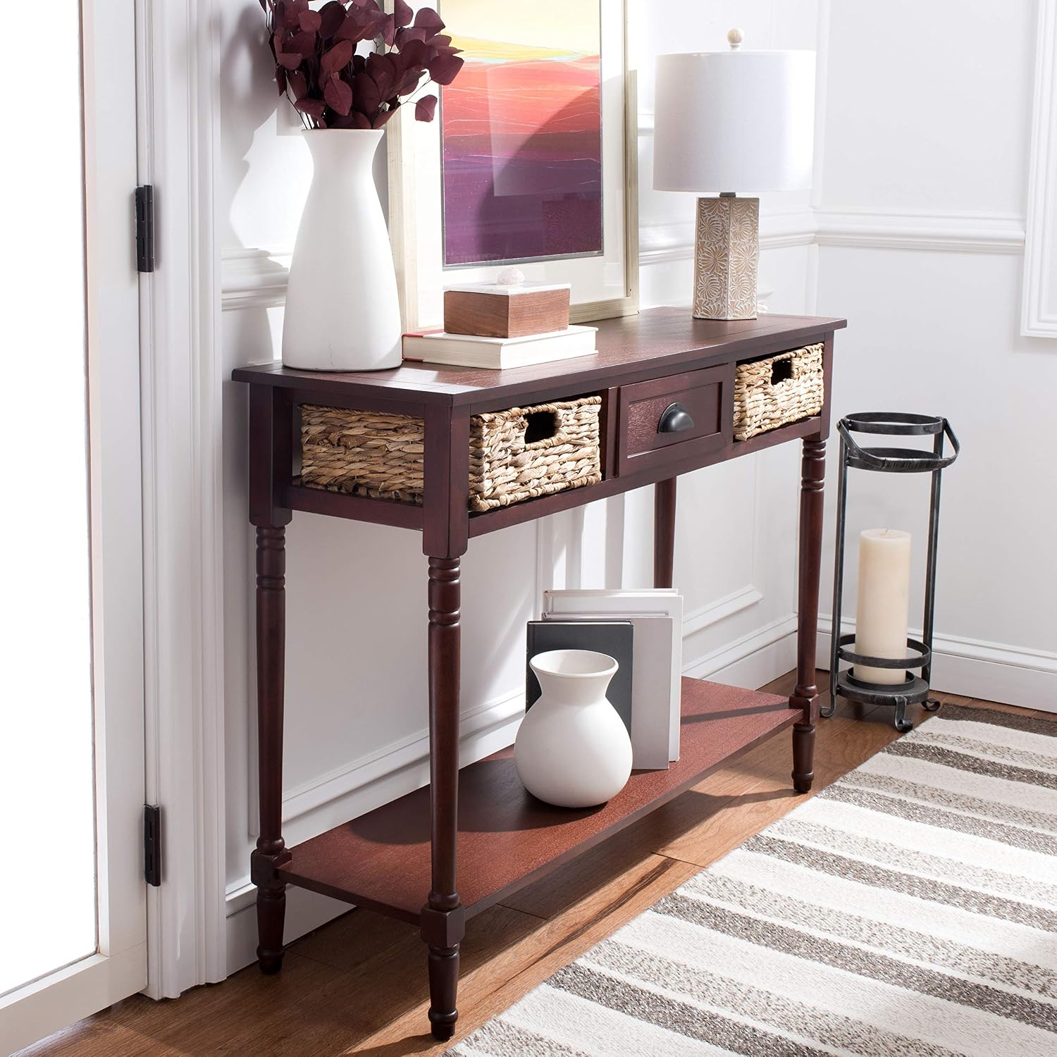 SAFAVIEH Home Collection – Christa Cherry Console Table with Rattan Drawers & Shelf, Coastal Cottage Storage Console, Vintage Design (AMH5737C)