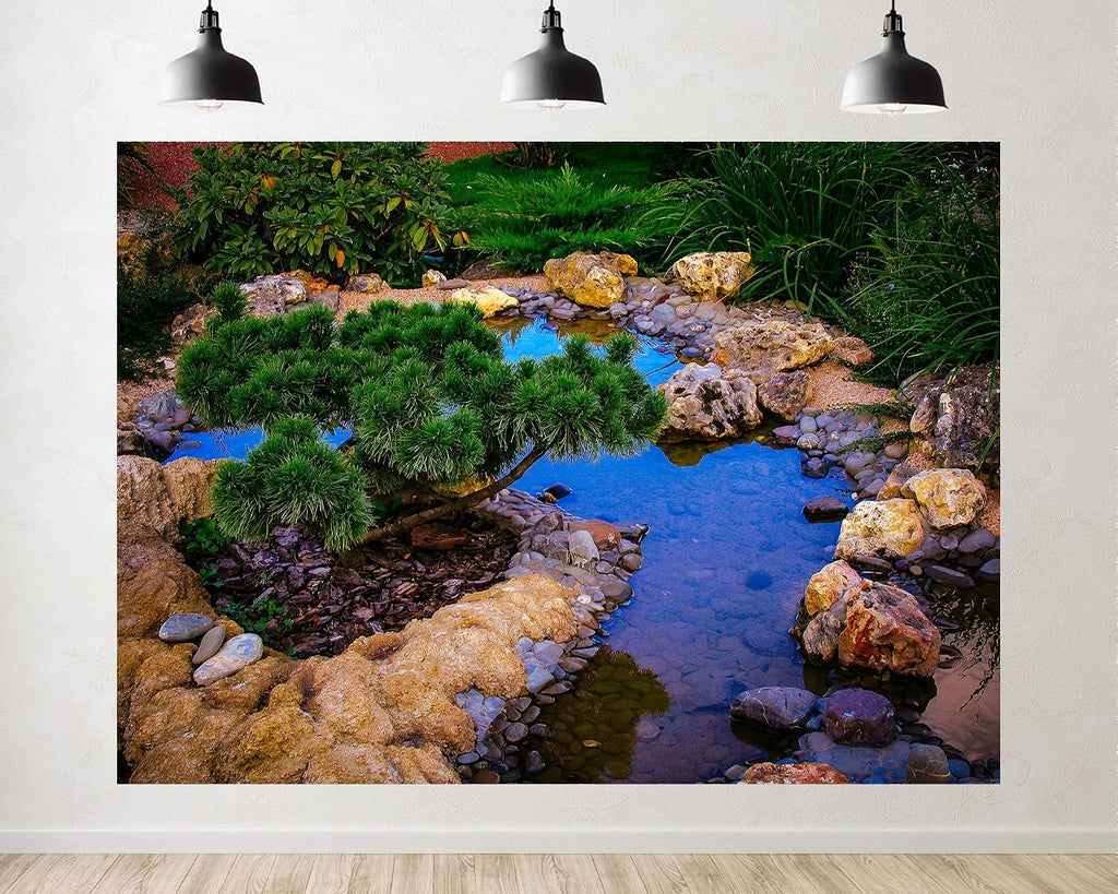 Trykid 20x10ft Zen Garden Pond Backdrop Clear Blue Water Natural Stones Dwarf Pine Tree Lush Greenery Photography Background Calm Spa Meditation Themed Party Decoration Photo Booth Prop Fabric
