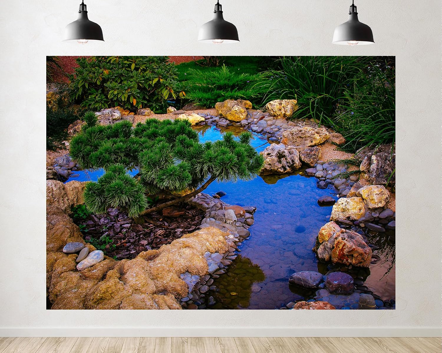 Trykid 20x10ft Zen Garden Pond Backdrop Clear Blue Water Natural Stones Dwarf Pine Tree Lush Greenery Photography Background Calm Spa Meditation Themed Party Decoration Photo Booth Prop Fabric