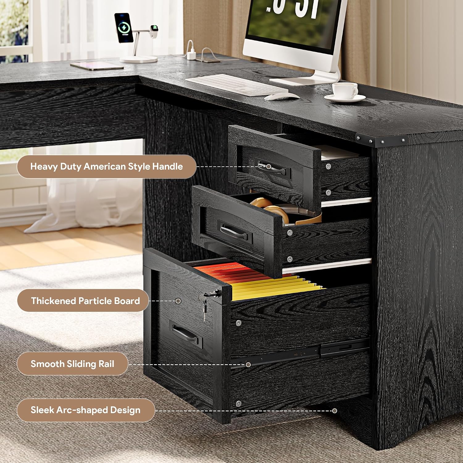 Decofy L Shaped Farmhouse Executive Desk with Drawers, 67' Home Office Desks with Fast Charging Station, Lockable File Cabinet, Wood Writing Computer Desk for Work, Study, Black