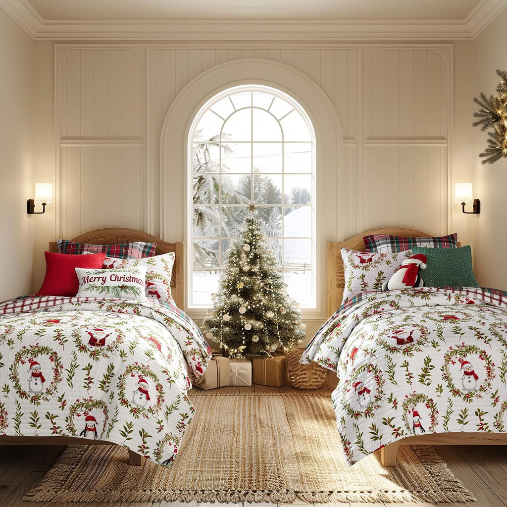Levtex Home - Pine & Plaid Quilt Set - King Quilt and Two King Shams - Holiday Wreath - Red White Green - Quilt (106x92in.) and Shams (20x36in.) - Reversible - Polyester