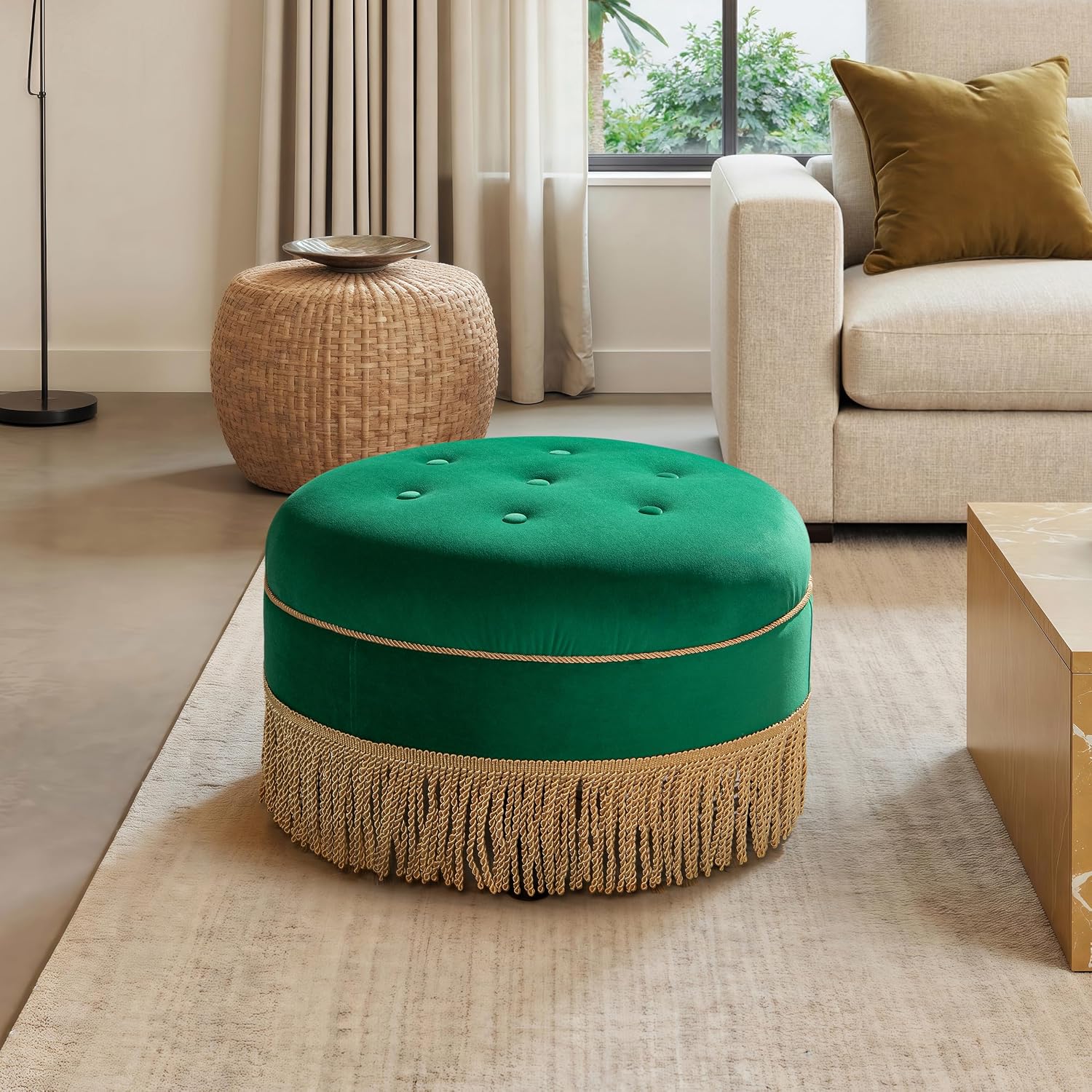 Jennifer Taylor Home Yolanda 24' Round Upholstered Accent Ottoman, Ultramarine Green