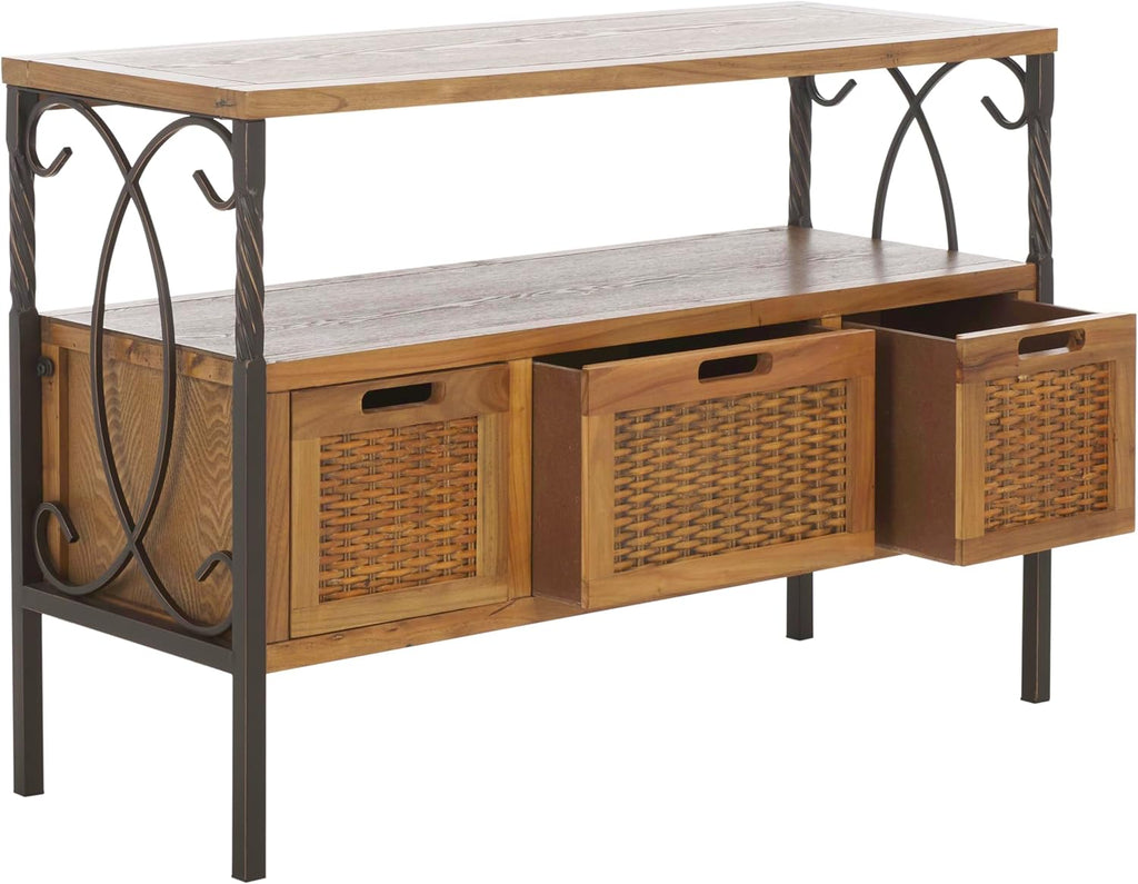 SAFAVIEH Home Collection – Joshua Oak Brown 3-Drawer Console Table with Shelf, Wicker Front Storage Drawers, Farmhouse-Inspired Accent Console for Entryway or Living Room (AMH6532C)