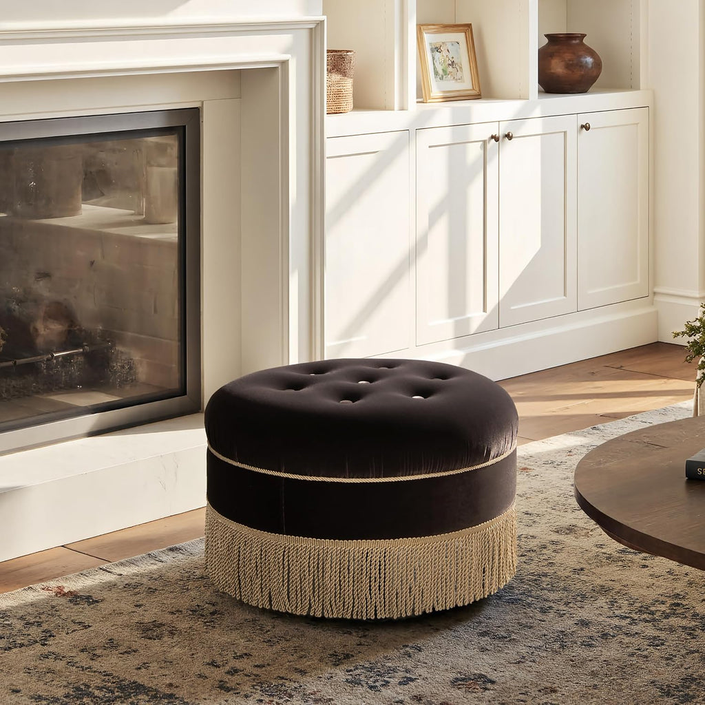Jennifer Taylor Home Yolanda 24' Round Upholstered Accent Ottoman, Deep Brown Performance Velvet