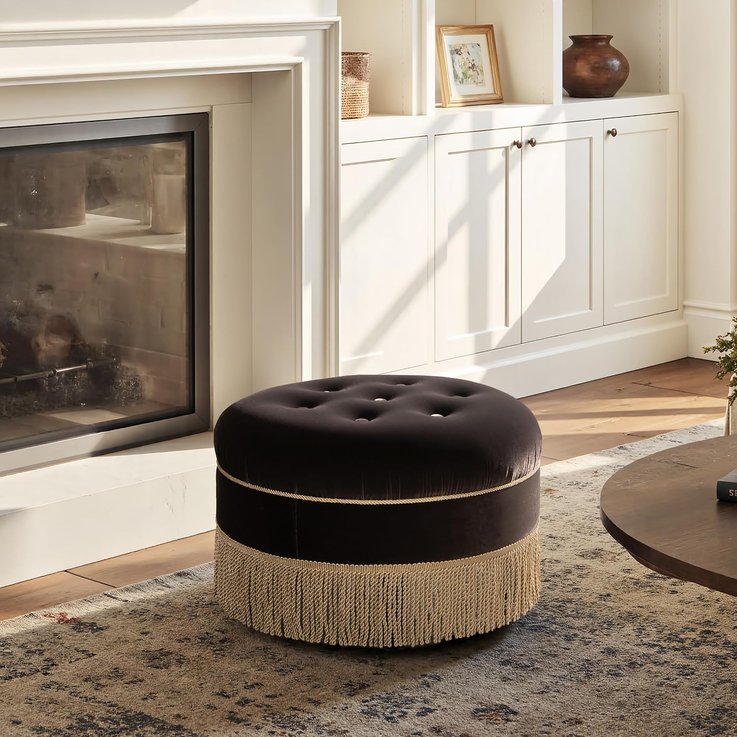 Jennifer Taylor Home Yolanda 24' Round Upholstered Accent Ottoman, Deep Brown Performance Velvet