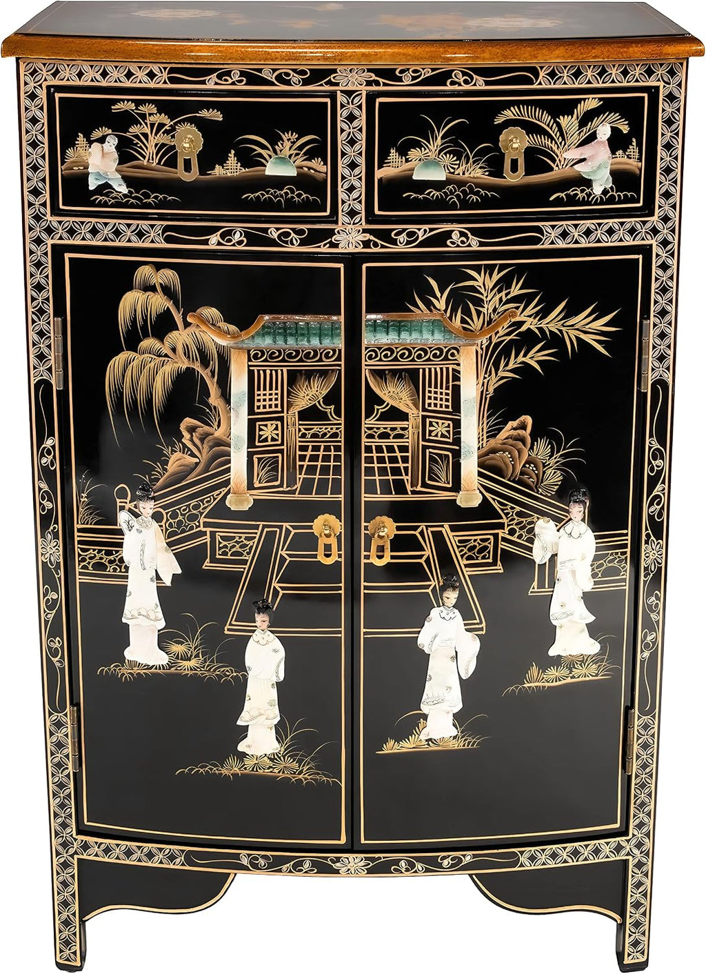 Red Lantern Artisan Crafted Lacquer Storage Cabinet - Black with Mother of Pearl Courtyard Scene