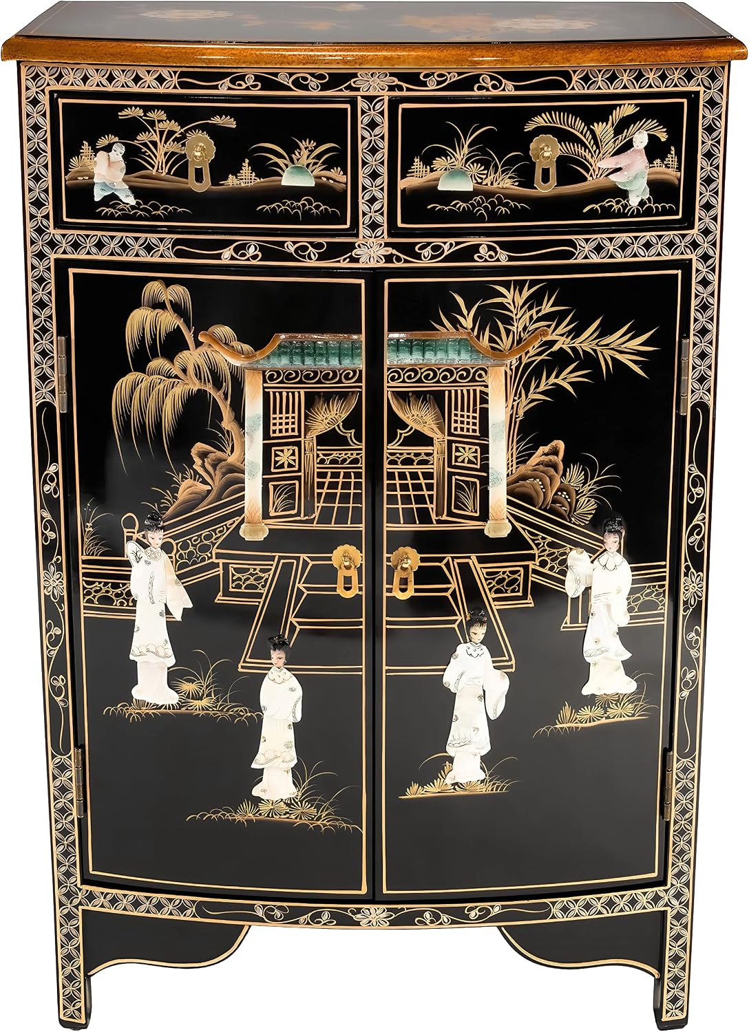 Red Lantern Artisan Crafted Lacquer Storage Cabinet - Black with Mother of Pearl Courtyard Scene