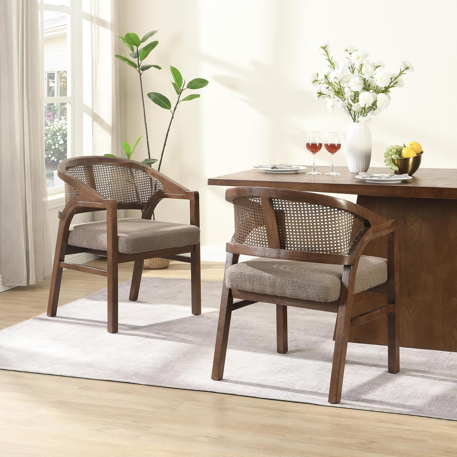 Christopher Knight Home Faritel Modern Dining Chairs Set of 2, Fabric Upholstered Kitchen Side Armchairs, Rubberwood Living Room Comfy Reading Chair with Curved Rattan Back, Walnut+Brown
