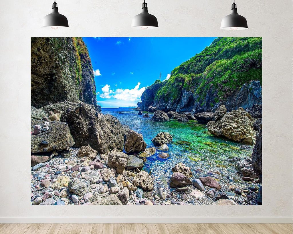 Trykid 20x10ft Clear Cove Rock Backdrop Green Cliff Turquoise Water Photography Background Tropical Adventure Exploration Shoot Tapestry Party Decoration Photo Studio Prop Fabric