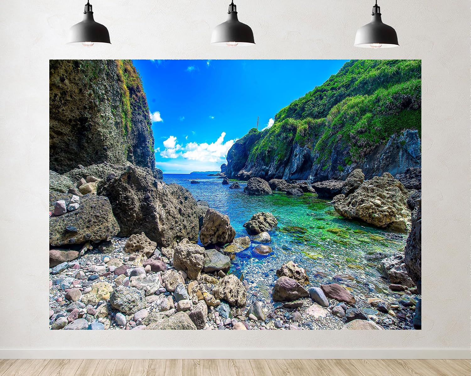 Trykid 20x10ft Clear Cove Rock Backdrop Green Cliff Turquoise Water Photography Background Tropical Adventure Exploration Shoot Tapestry Party Decoration Photo Studio Prop Fabric