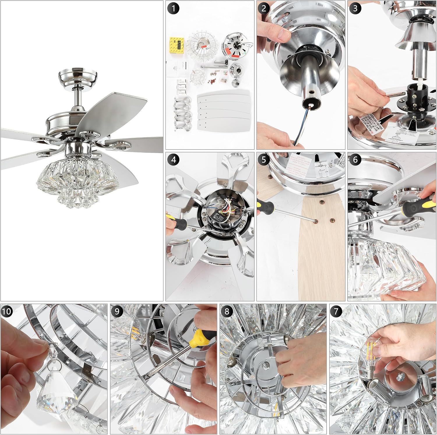 JONATHAN Y 48' Chrome 3-Light Iron and Crystal Ceiling Fan, Glam Drum Chandelier with Remote Control, 5 Reversible Silver/White Maple Blades, ETL Listed, LED Bulbs Included JYL9608A