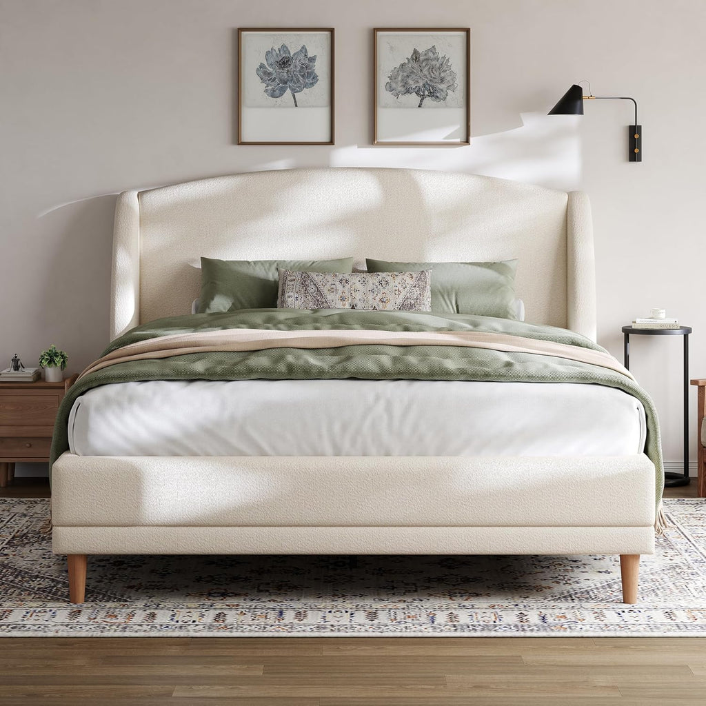 Christopher Knight Home Hazel Queen Size Bed Frame, Upholstered Platform Bed, Soft Boucle Wingback Headboard, Wood Bed Support and Slats, Curved-Shaped Headboard Queen Bed for Adult, 44.50' H White