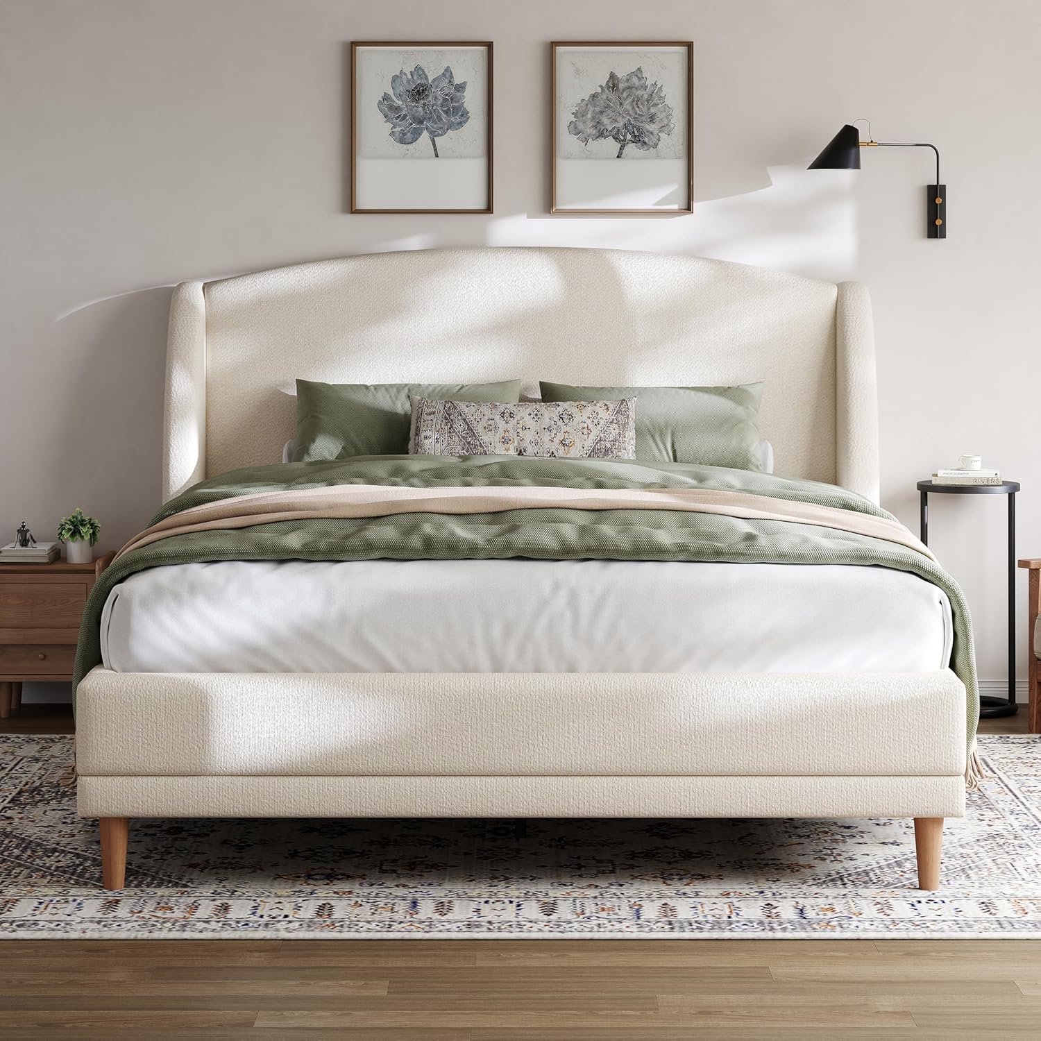Christopher Knight Home Hazel Queen Size Bed Frame, Upholstered Platform Bed, Soft Boucle Wingback Headboard, Wood Bed Support and Slats, Curved-Shaped Headboard Queen Bed for Adult, 44.50' H White