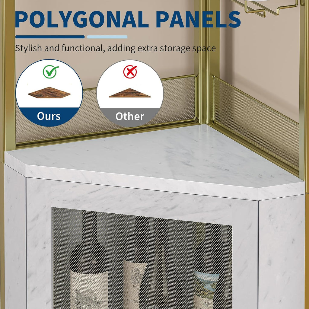 GarveeHome Corner Bar Wine Cabinet with LED Lights, 5-Tier Industrial Wine Cabinet with Glass Holder, Modern Liquor Cabinet with Adjustable Shelf, Home Bar Cabinet with Mesh Door, Gold