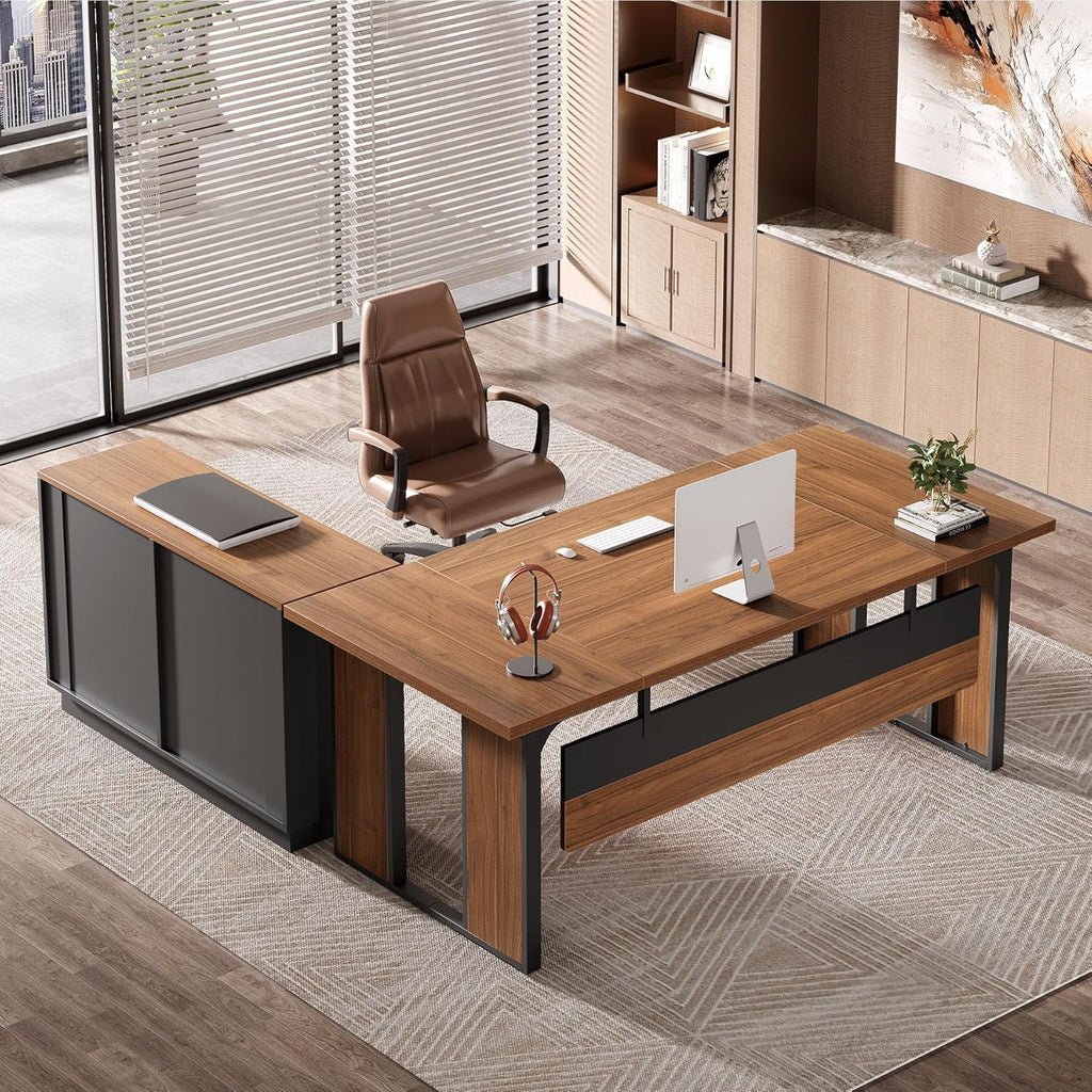 Tribesigns 63'' L-Shaped Executive Desk, Office Table with 39.37-Inch Drawers Cabinet, Large Computer Desk with Storage Shelves, Business Furniture Set for Home Office, Brown & Black