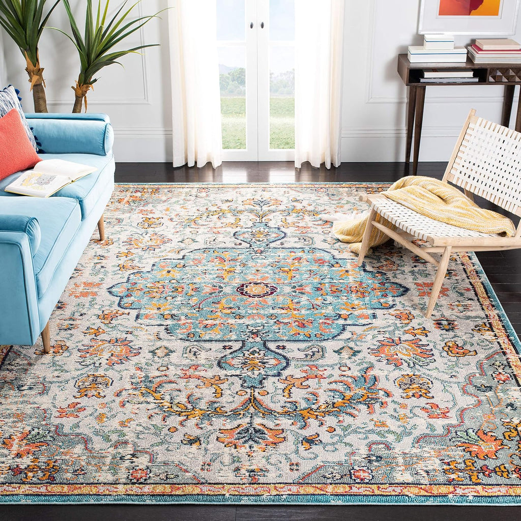 SAFAVIEH Madison Collection Area Rug - 9' x 12', Grey & Light Blue, Boho Chic Medallion Distressed Design, Non-Shedding & Easy Care, Ideal for High Traffic Areas in Living Room, Bedroom (MAD447F)