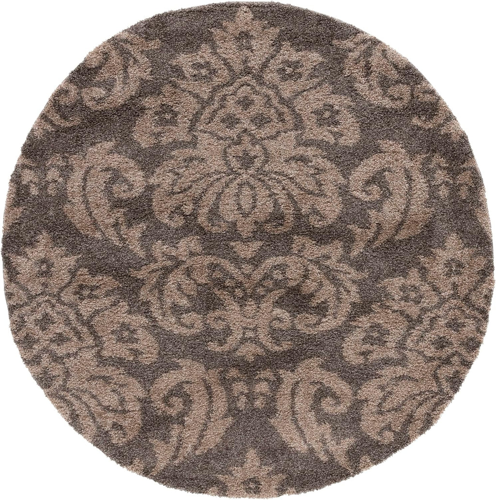 SAFAVIEH Florida Shag Collection Area Rug - 6'7' Round, Smoke & Beige, Damask Design, Non-Shedding & Easy Care, 1.2-inch Thick Ideal for High Traffic Areas in Living Room, Bedroom (SG460-7913)