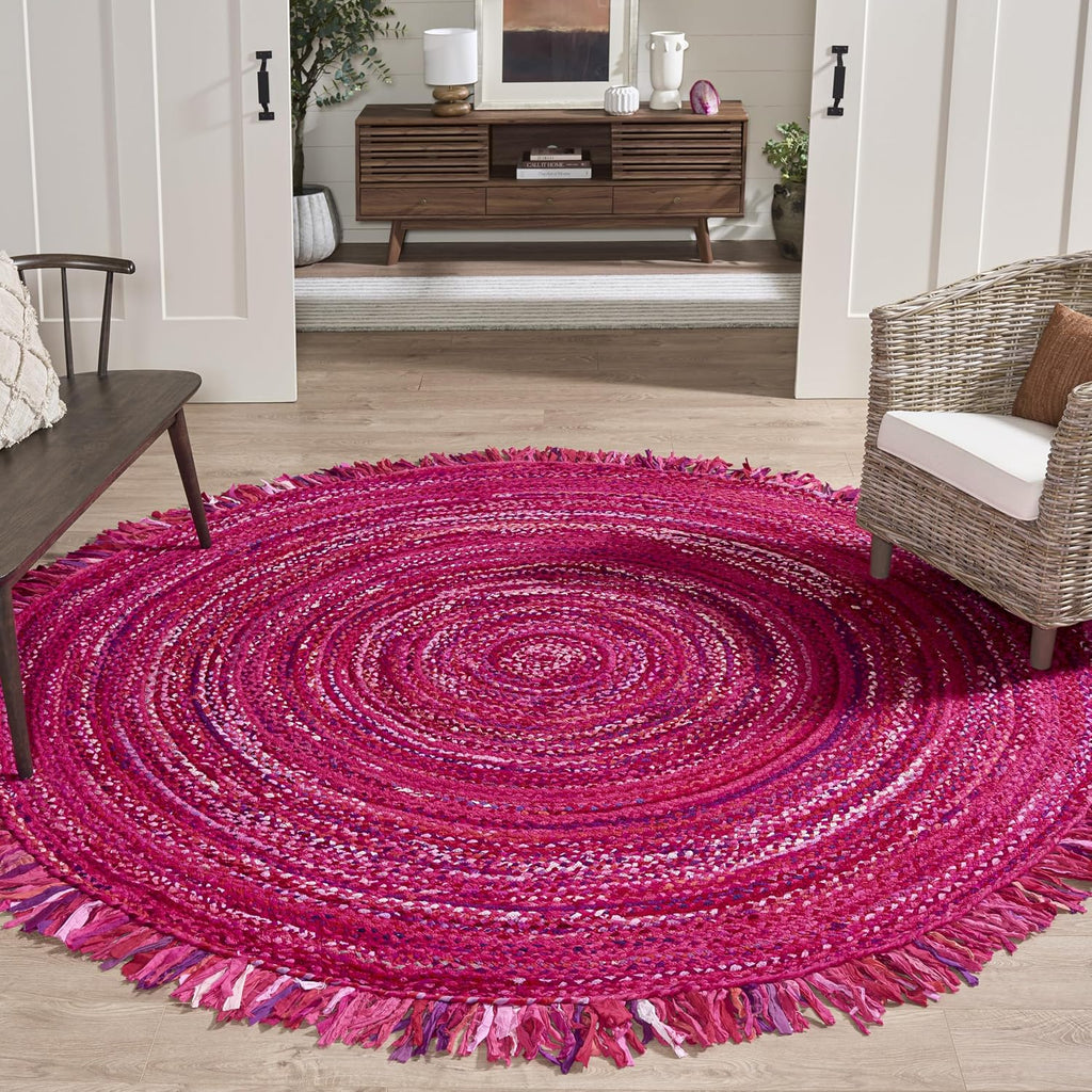 SAFAVIEH Braided Collection Area Rug - 7' Round, Pink & Fuchsia, Handmade Cotton, Ideal for Living Room, Bedroom, Dining Space (BRD451U)