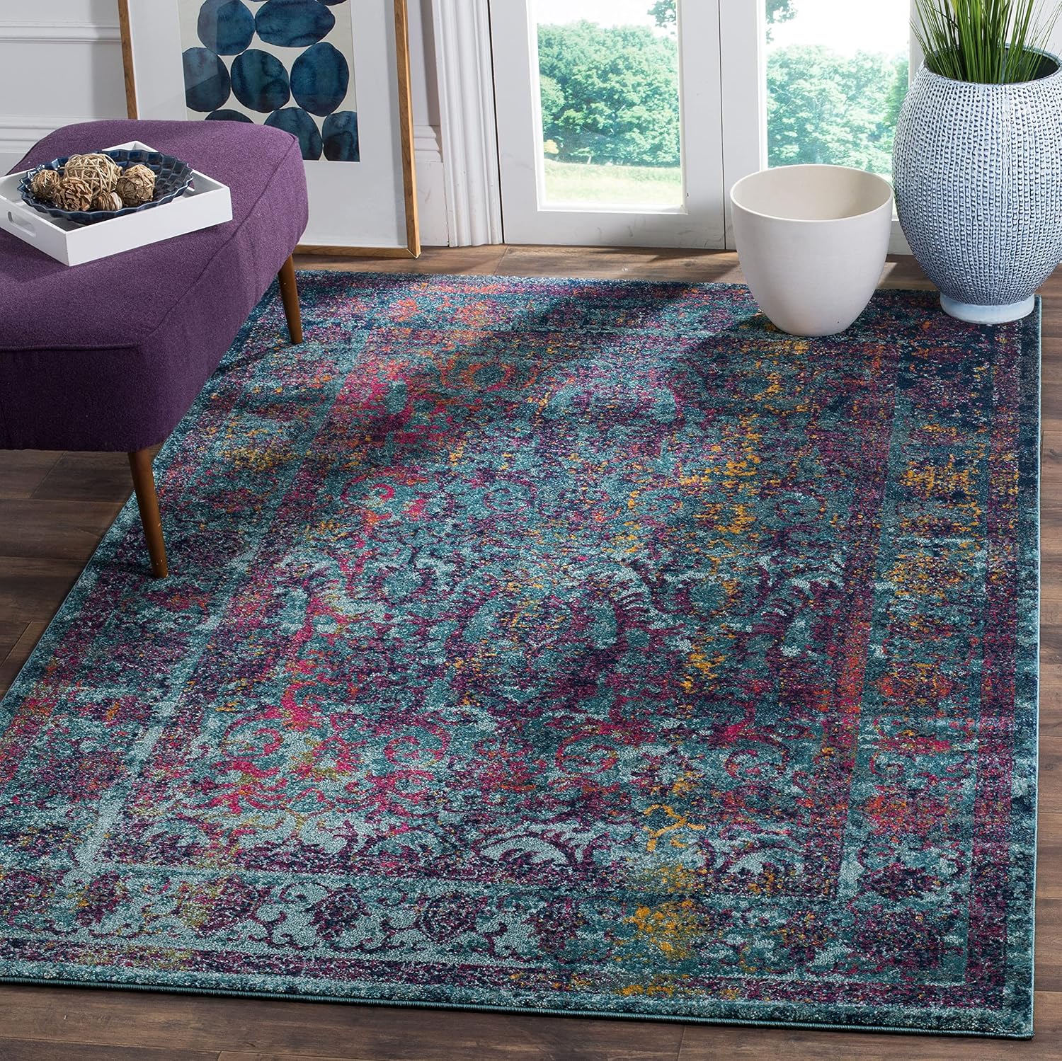 SAFAVIEH Granada Collection Area Rug - 5'1' x 7'6', Blue & Multi, Boho Chic Distressed Design, Non-Shedding & Easy Care, Ideal for High Traffic Areas in Living Room, Bedroom (GRA351C)