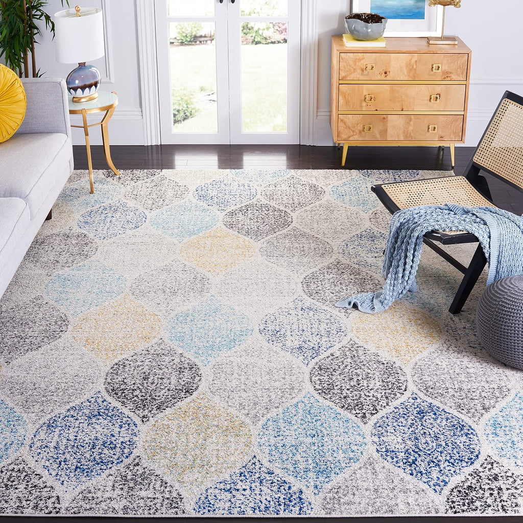 SAFAVIEH Madison Collection Area Rug - 10' x 14', Ivory & Blue, Glam Ogee Trellis Distressed Design, Non-Shedding & Easy Care, Ideal for High Traffic Areas in Living Room, Bedroom (MAD604D)