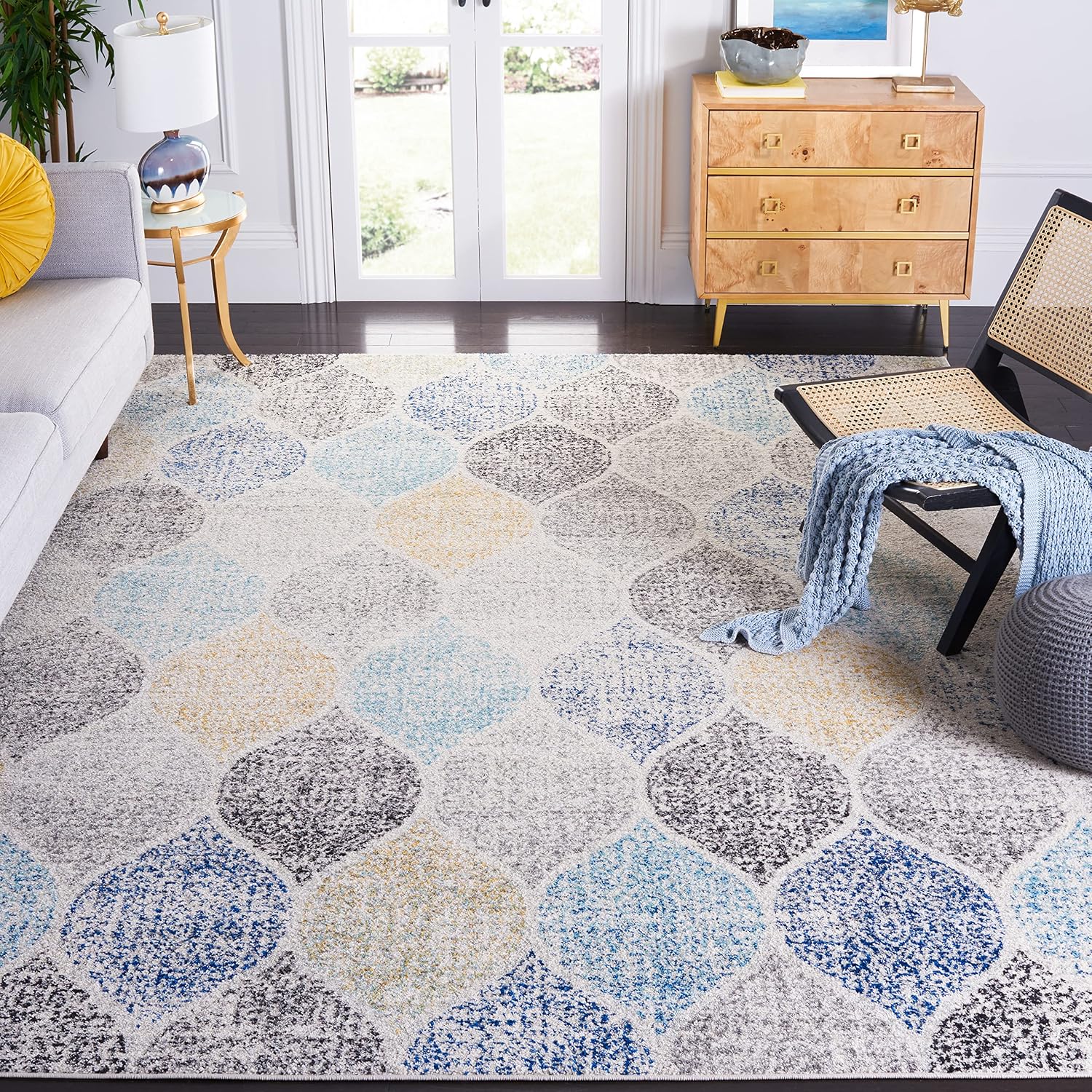 SAFAVIEH Madison Collection Area Rug - 10' x 14', Ivory & Blue, Glam Ogee Trellis Distressed Design, Non-Shedding & Easy Care, Ideal for High Traffic Areas in Living Room, Bedroom (MAD604D)