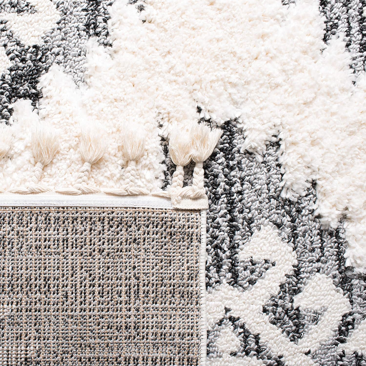 SAFAVIEH Moroccan Tassel Shag Collection Area Rug - 9' Square, Ivory & Grey, Boho Design, Non-Shedding & Easy Care, 2-inch Thick Ideal for High Traffic Areas in Living Room, Bedroom (MTS652F)