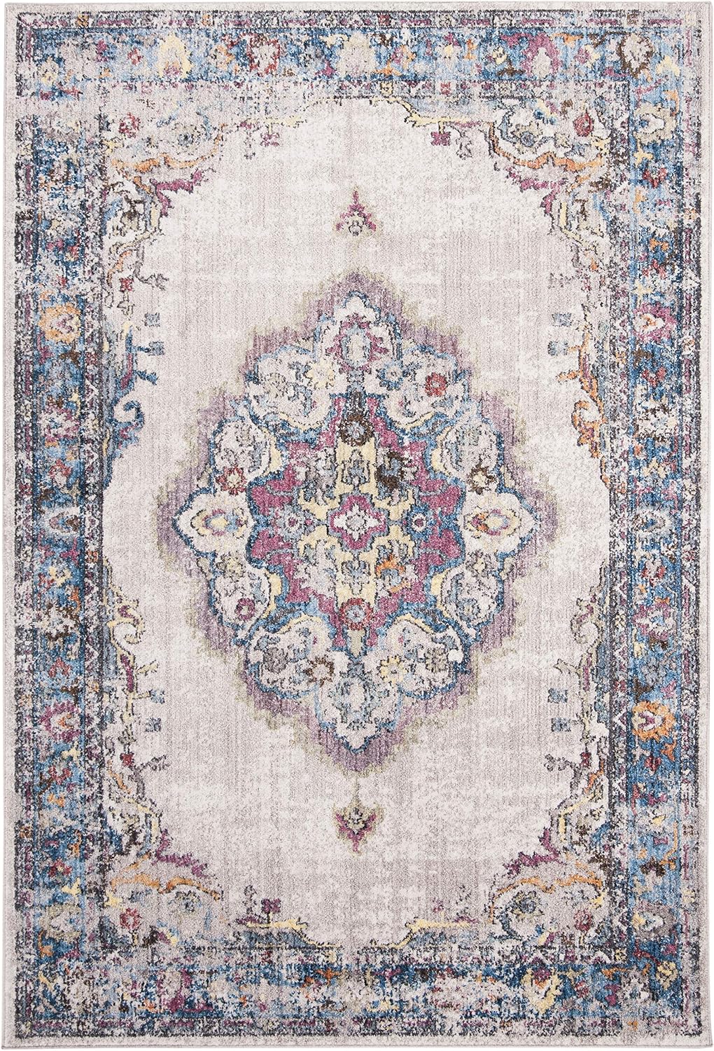 SAFAVIEH Bristol Collection Area Rug - 6' x 9', Light Grey & Blue, Boho Chic Medallion Distressed Design, Non-Shedding & Easy Care, Ideal for High Traffic Areas in Living Room, Bedroom (BTL343A)