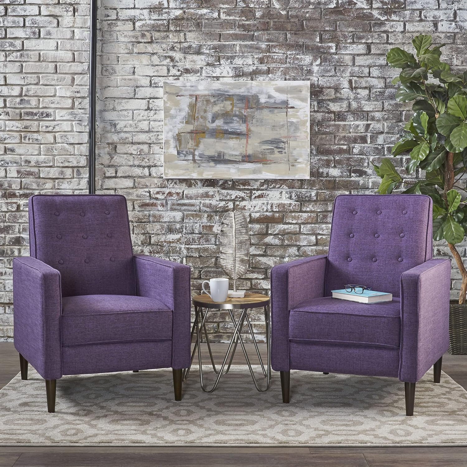 GDFStudio Christopher Knight Home Mervynn Mid-Century Modern Fabric Recliners, 2-Pcs Set, Muted Purple / Dark Espresso