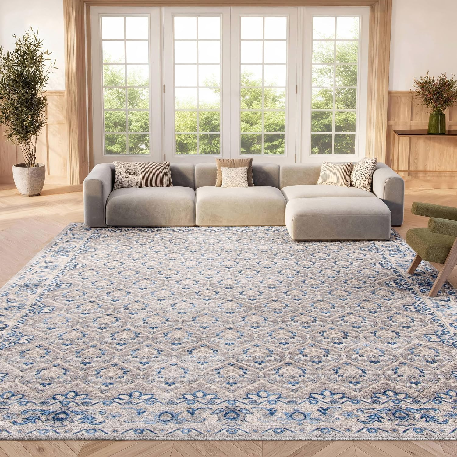 SAFAVIEH Brentwood Collection Area Rug - 9' x 12', Light Grey & Blue, Oriental Distressed Design, Non-Shedding & Easy Care, Ideal for High Traffic Areas in Living Room, Bedroom (BNT869G)