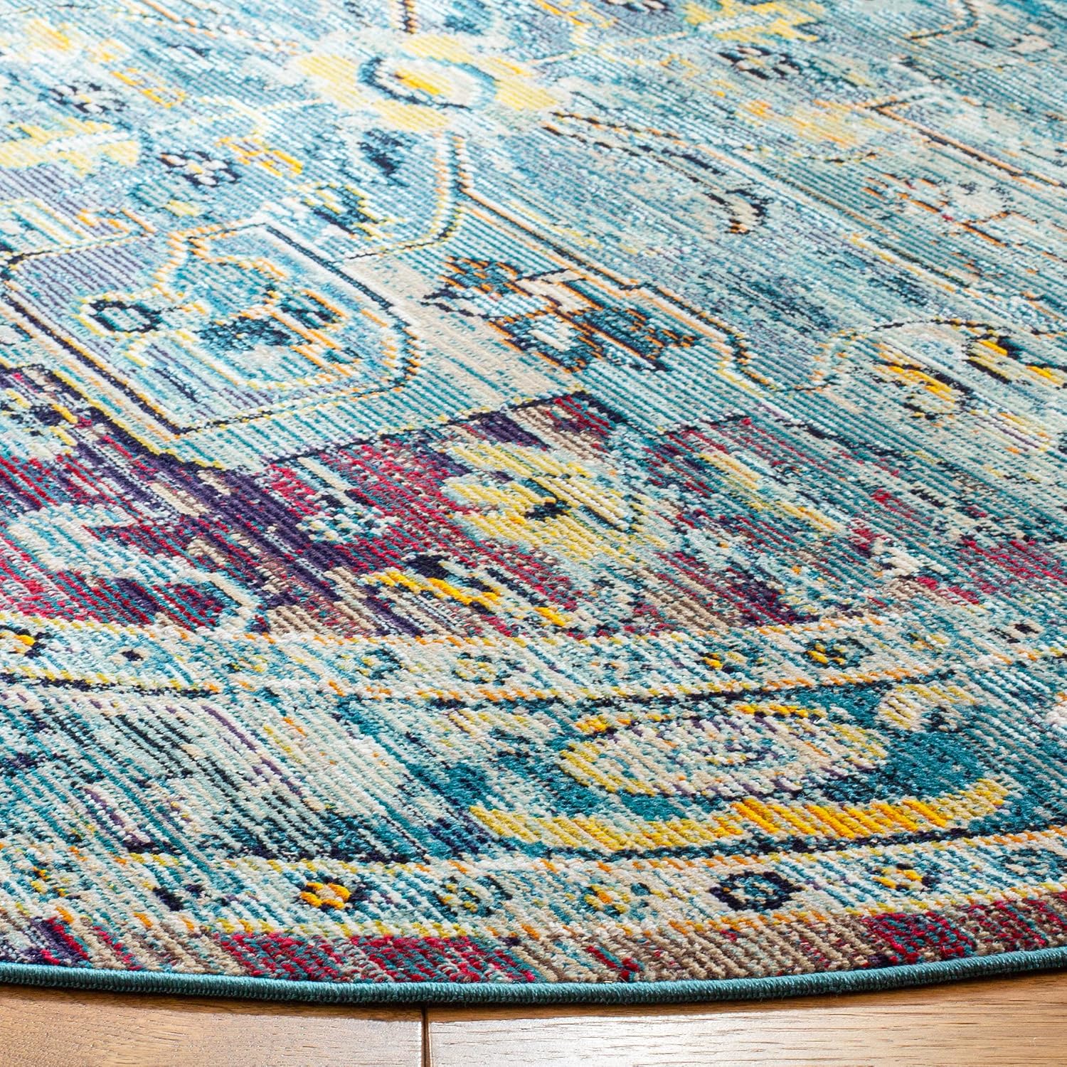 SAFAVIEH Crystal Collection Area Rug - 7' Round, Teal & Purple, Medallion Distressed Design, Non-Shedding & Easy Care, Ideal for High Traffic Areas in Living Room, Bedroom (CRS503D)