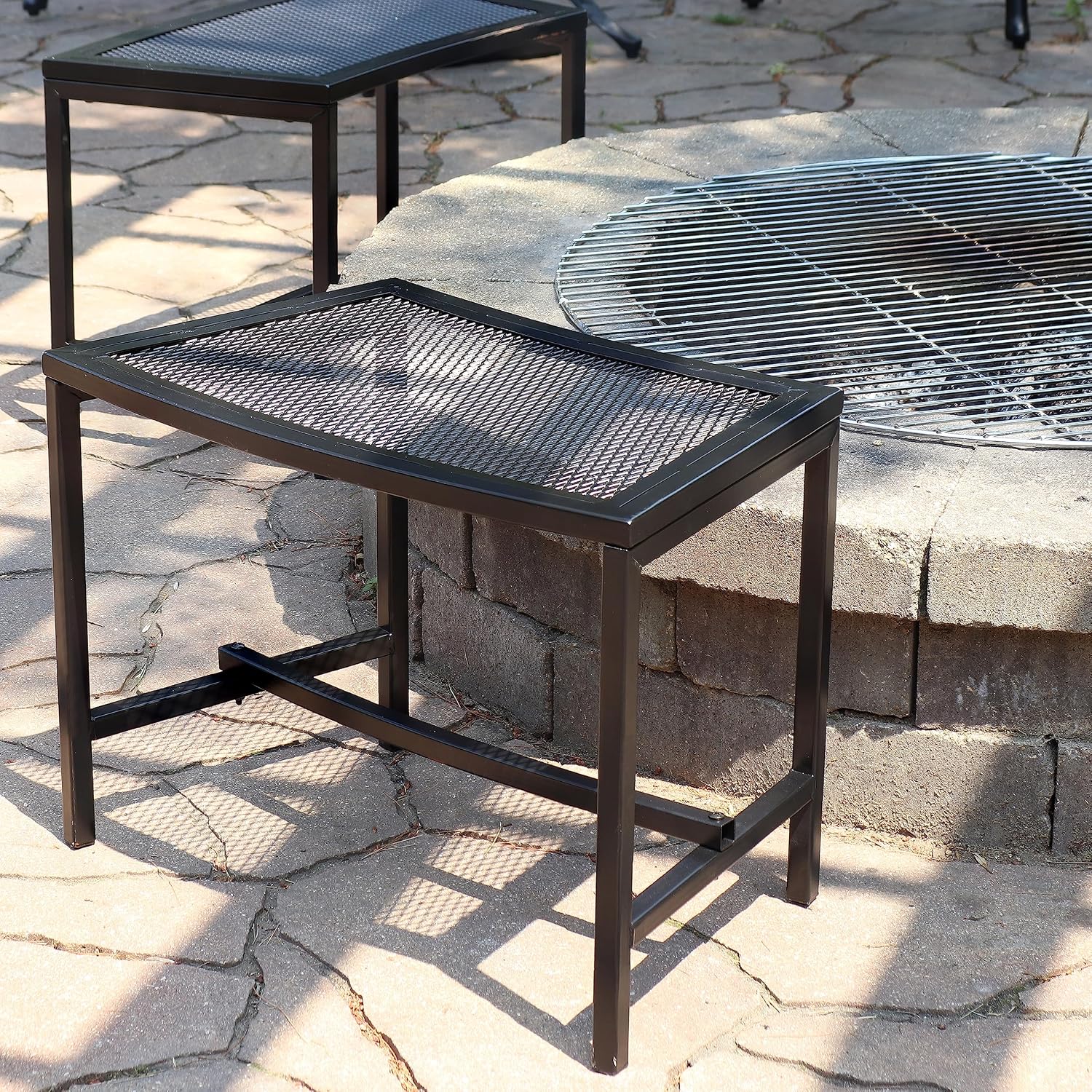 Sunnydaze Mesh Outdoor Curved Bench - Metal Patio Bench Set - Heavy-Duty Outdoor Seats for Backyard or Fire Pit - Black - Set of 2