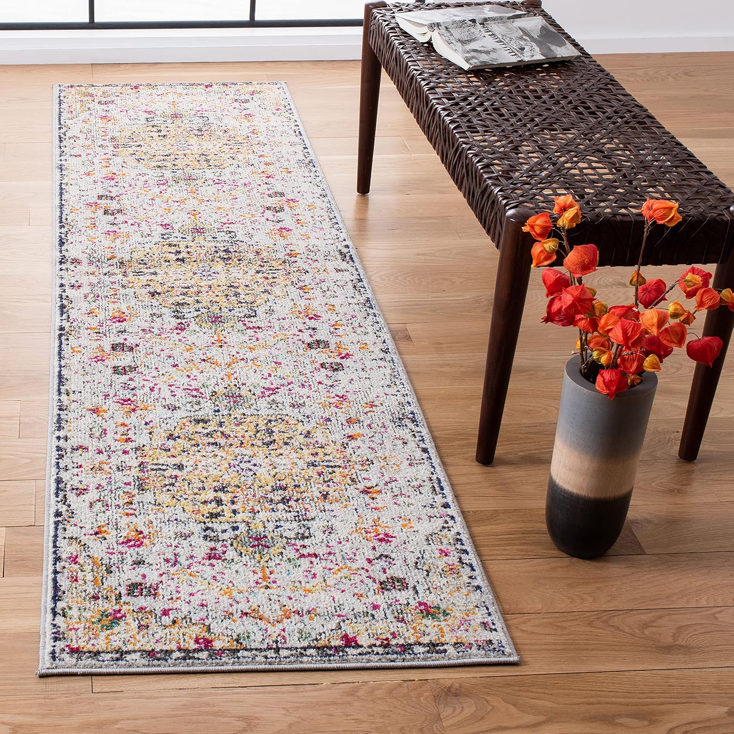 SAFAVIEH Madison Collection Runner Rug - 2'2' x 8', Grey & Gold, Boho Chic Medallion Distressed Design, Non-Shedding & Easy Care, Ideal for High Traffic Areas in Living Room, Bedroom (MAD447G)