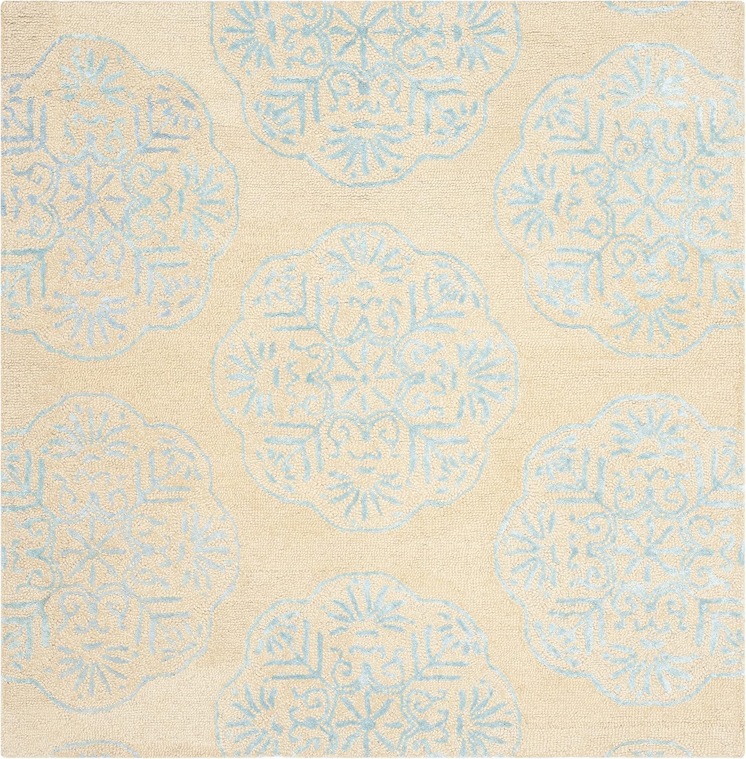 SAFAVIEH Bella Collection Area Rug - 6' Square, Beige & Blue, Handmade Wool, Ideal for High Traffic Areas in Living Room, Bedroom (BEL711C)