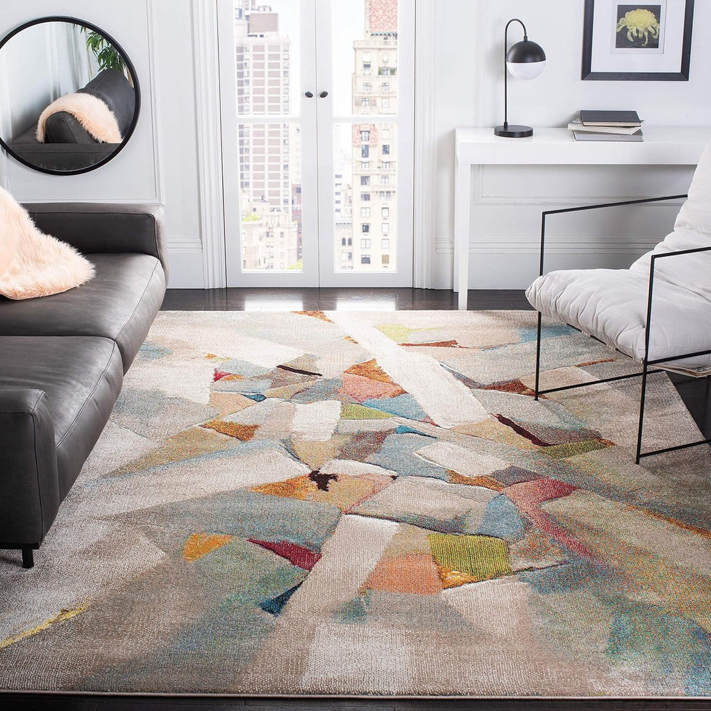 SAFAVIEH Porcello Collection Area Rug - 6'7' Square, Grey & Multi, Modern Abstract Design, Non-Shedding & Easy Care, Ideal for High Traffic Areas in Living Room, Bedroom (PRL6937B)
