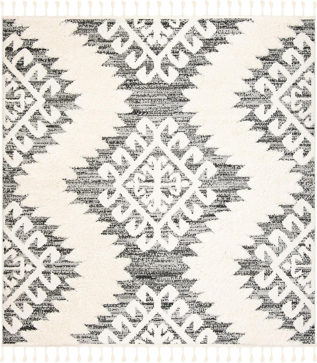 SAFAVIEH Moroccan Tassel Shag Collection Area Rug - 9' Square, Ivory & Grey, Boho Design, Non-Shedding & Easy Care, 2-inch Thick Ideal for High Traffic Areas in Living Room, Bedroom (MTS652F)